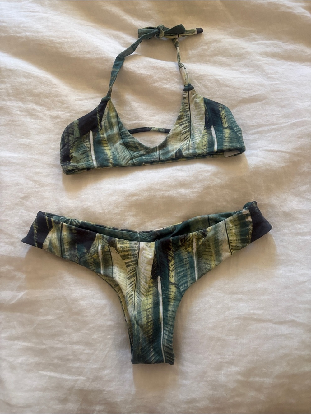 Midori Green Leaf-Print Halter Bikini Set